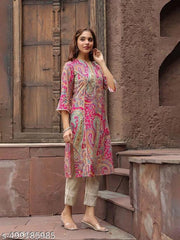 Women's  Multi print Rayon Straight Kurtis with lace work
