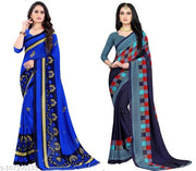 LEELAVATI Georgette Printed Daily / Party & Festive Wear Combo of 2 Stylist Fashionable Saree With Blouse pieces ( Blue )