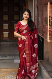 New Launch Batik Polka Printed Soft Handloom Cotton Crepe Silk Saree With Woven Zari Pattu Border