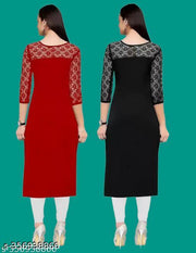 Polyster/Crepe fabric-Pack of 1 Casual And Round-Neck 3/4 Length Sleeves Red & Black Kurti (42"Inches)