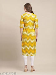 Casual American Crep Round Neck 3/4 Sleeves Geometric Printed Straight Yellow Kurti(45"Inches)