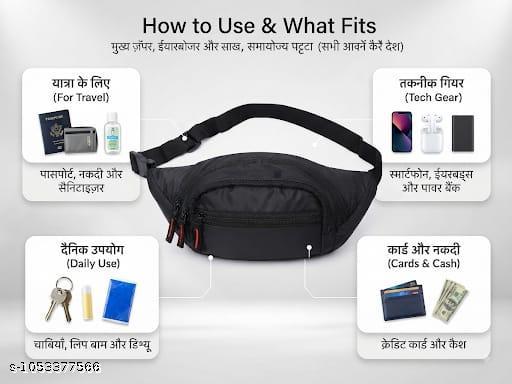 Premium Quality Black Crossbody Waist Bag | Compact Utility Travel Belt Pouch