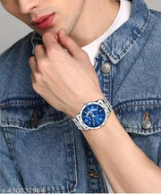 Blue dial steel belt day and date working analog sports watch for mens and boys(metal belt day and date watch for mens)