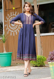 Women’s Fashion Rayon Kurti | Rayon Ethnic Wear for Stylish Look | Kurti for Festive & Casual Occasions | ( Navy Blue )