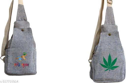 Grey Cotton Canvas Sling Bag with Radha Krishna & Green Leaf Print | Stylish Crossbody Shoulder Bag for Women & Girls | Adjustable Strap Casual Travel College Office Everyday Bag