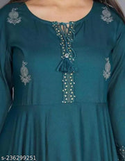 Teal blue border shri balaji center and finishing  Kurtis