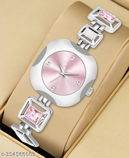 OHHO Premium Square Design Pink Stone Studded & Silver Metal Bracelet Strap (Women-Ladies-Girls) Analog Watch - For Girls