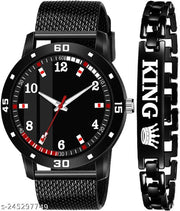 Black PU Belt Watch And King Black Breclet Analog Watch - For Men