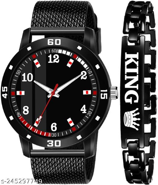 Black PU Belt Watch And King Black Breclet Analog Watch - For Men