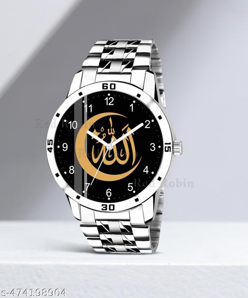 Krolexe Analog Allah Chand Isalmic Design Round Dial Latest Fashion Attractive Stainless Steel Silver Strap Stylish Wrist Watch for Muslim Men and Boys, Pack of 1 - IW006-NUM-AVO-SIL-STL