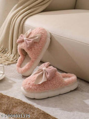 Women's Soft Fur Winter Slippers with Elegant  Bow | Warm Plush Indoor House Slides