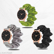 (green_gray_blk) black flower Dial Ribbiin Strap Watch for Girls_(COMBO-03)