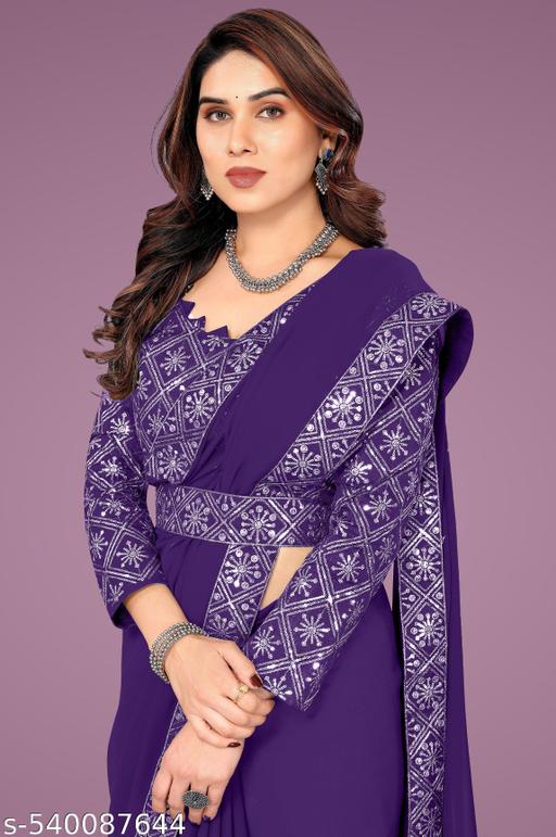 Silkra Glam Thread Embroidered Lace Plain Saree With Work Blouse And Belt