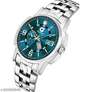 Listen Day & Date Function Watch With Silver Coated Green Dial, Stainless Steel Chain Strap Analog Watch - For Men
