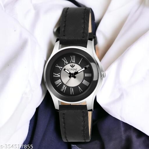 Lorenz Two Tone Dial & Black Leather Strap Watch for Women & Girls | AS-121A