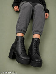 FRANINO PARIS | Women's Black Textured Faux Leather Lace-Up Ankle Boots | High Block Heel Platform Booties with Side Zipper for Girls