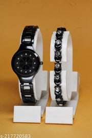 Best Quality Flower Designer Metal Belt Analog Watches combo with Cosmic Diamond Bracelet for Women