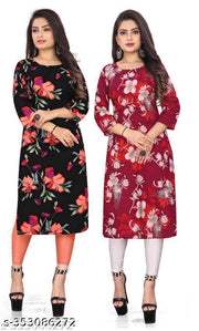 Polyster/Crepe fabric-Stylish Women's MultiColor Digital Printed Straight Kurti (COMBO-2)