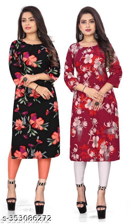 Polyster/Crepe fabric-Stylish Women's MultiColor Digital Printed Straight Kurti (COMBO-2)