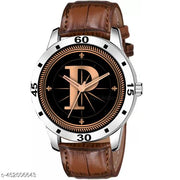 Gadgets WorldAnalog Round Black Dial ALPHABET P Design Stylish Brown Leather Strap Classic Design Fancy Wrist Watch for Men and Boys, Pack of 1 - ALPHA-P-AVO-SIL-DBRW-CRL -1