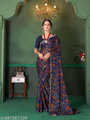 Daily Wear Dark Blue Georgette Lace Border Saree With Unstitched Blouse Piece