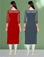 Pack of 1 Casual American Crepe And Net Round-Neck 3/4 Length Sleeves Red & Grey Kurti (42"Inches)