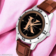 Welix Analog Round Black Dial ALPHABET K Design Stylish Brown Leather Strap Classic Design Fancy Wrist Watch for Men and Boys, Pack of 1 - ALPHA-K-AVO-SIL-BRW-CHL