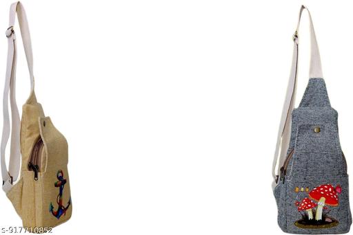 Natural Beige & Grey Hemp Sling Bag with Colorful Anchor and Red Mushroom Print | Eco-Friendly Crossbody Backpack for Men & Women | Adjustable Strap Travel College Casual Shoulder Bag