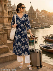 Women Rayon Printed V - Neck Straight  Kurti | Blue Straight Kurta For Women | Kurti For Women | Single Kurti For Women | Kurta For Jeans | Women Kurta | Kurta Under 299 | Kurti |Daily Wear Kurta
