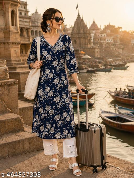Women Rayon Printed V - Neck Straight  Kurti | Blue Straight Kurta For Women | Kurti For Women | Single Kurti For Women | Kurta For Jeans | Women Kurta | Kurta Under 299 | Kurti |Daily Wear Kurta