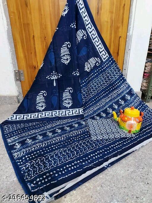 Jaipuri Printed Soft Cotton Mulmul Saree With Attached Blouse Piece for Woman