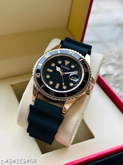 Day and Date Two-Tone Black and Rose Gold Unique Genuine Silicon Strap New Analog Watch - For Men