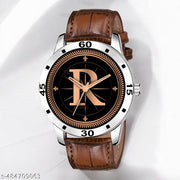 Talgo Analog Round Black Dial ALPHABET R Design Stylish Brown Leather Strap Classic Design Fancy Wrist Watch for Men and Boys, Pack of 1 - ALP-R-AVO-SIL-DBRW-CRL