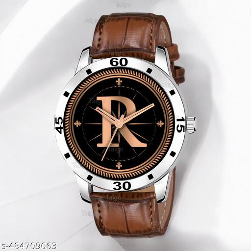 Talgo Analog Round Black Dial ALPHABET R Design Stylish Brown Leather Strap Classic Design Fancy Wrist Watch for Men and Boys, Pack of 1 - ALP-R-AVO-SIL-DBRW-CRL