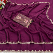 Women's Wine Silk Saree with Heavy Floral Sequin Embroidered Blouse and Cutwork Border