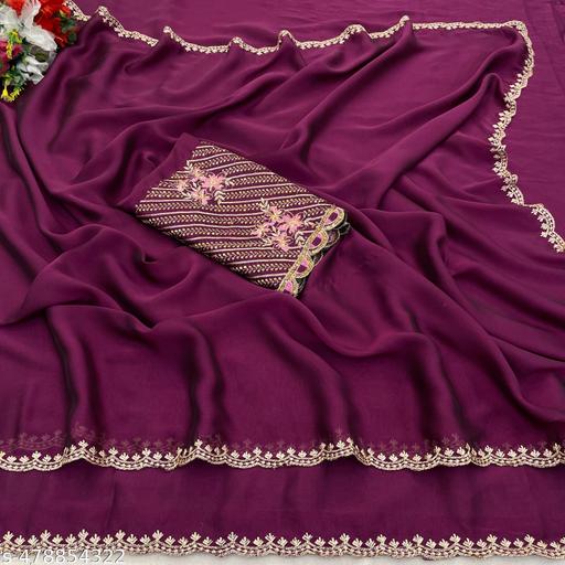 Women's Wine Silk Saree with Heavy Floral Sequin Embroidered Blouse and Cutwork Border