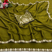 Women's Mehendi Green Heavy Embroidered Silk Saree with Cutwork Border & Figure Designer Blouse Piece