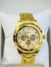 H&H Rosra Golden Formal Watch For Men's and boys { gold Ring +gold Chain Free  }