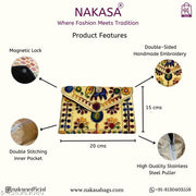 NAKASA Women's Jaipuri Handmade Damru Embroidery Small Beige Clutch Bag