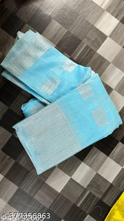 Arani Pattu Cotton Linen Silk Saree with Blouse Piece (Aqua & Silver) Hathi Saree