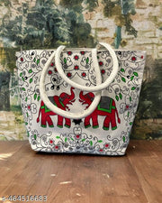 Stylish Canvas Bag with Bold Red Elephant Print & Studded Handle – Perfect for Every - day Use!