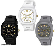 Square Dial Black Blue Grey White Red Analog Watches with Silicon Strap Stylish ADDI Designer Combo Watch for Mens & Boys Pack of 3