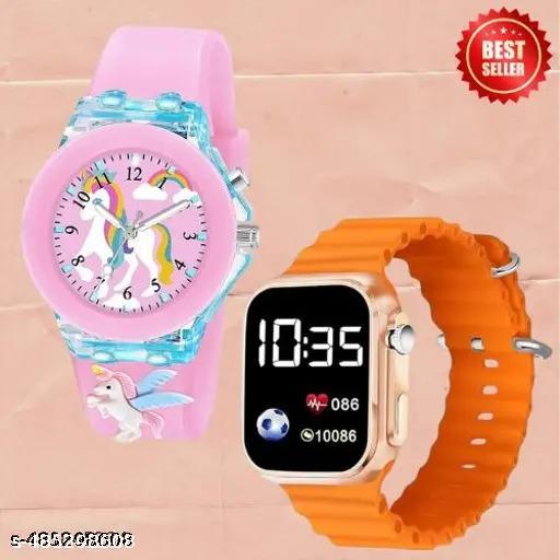 BUY 1 GET 1 FREE Kids Cartoon Printed LED Backlight Digital Multi Function Watch Light Pink Kids Analog Watch unicorn watch kids watch