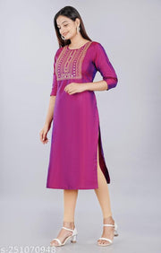 Neha Wine New Stylish ArtSilk Round Neack with Emrodery work  Kurti for Women