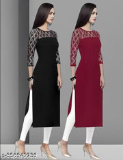 Polyster/Crepe fabric-Pack of 1 Casual And Round-Neck 3/4 Length Sleeves Black & Maroon Kurti (42"Inches)