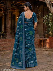 Cotton Linen Teal Kasavu Flower Digital Print Saree Designer And Fancy Bollywood Partywear Wedding Traditional Latest Trends Sari