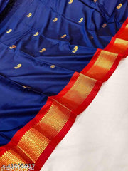 Sanskar Traditional Paithani Cotton Silk Sarees With Contrast Blouse Piece (Navy & Red)