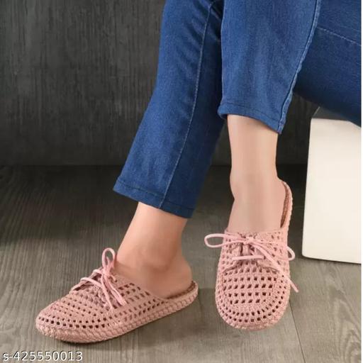 Monoction Elegant Women Woven Mesh Lace-Up Mule Slippers | Breathable Hollow-Out Casual Sandals | Lightweight Flexible Rubber Mules