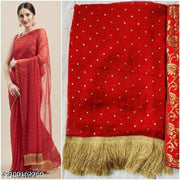 Crush Chiffon Red Tassels and latkans Saree With Blouse