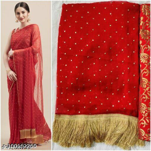 Crush Chiffon Red Tassels and latkans Saree With Blouse